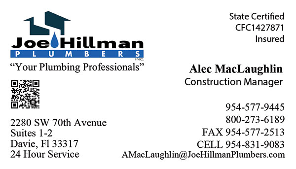 Joe Hillman Plumbers business card for Alec MacLaughlin