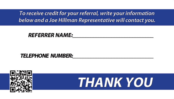 Joe Hillman Plumbers Referral Card