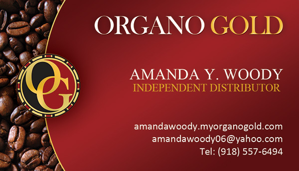Business Card for independent  distributor Amanda Y Woody  of Organo Gold.