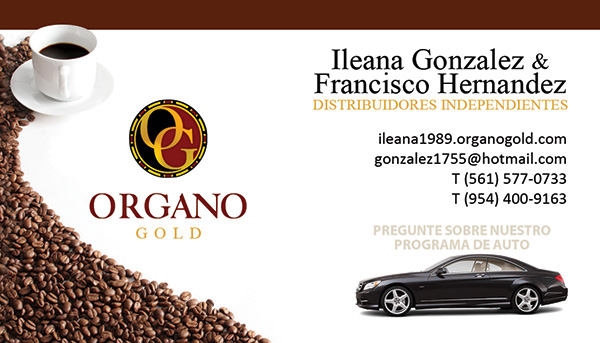 Ilean Gonzalez Organo Gold business card in Spanish.