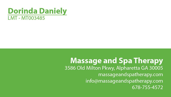 Dorinda Massage Spa Therapy business cards.