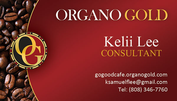 Kelii Lee Organo Gold Business Card.