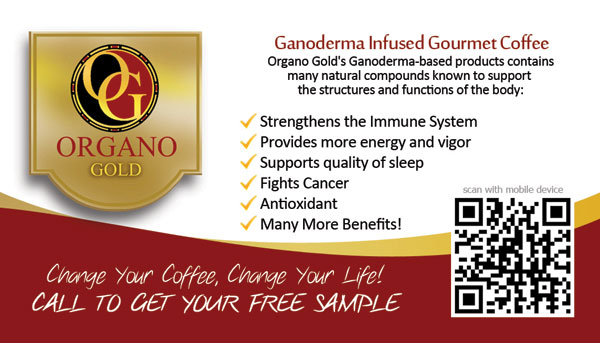 Back of Organo Gold business card with QR code for Marion & Wanda Harrell.