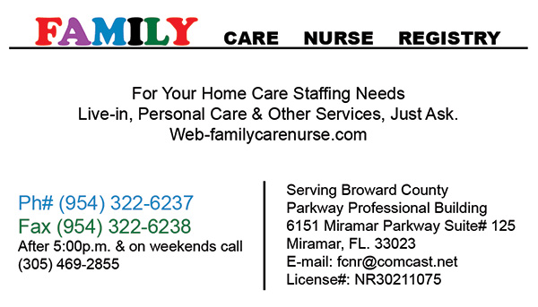Business card for Family Care Nurse registry of Miramar, FL.