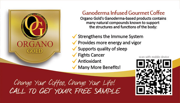 Organo Gold business card with QR code for Reggie Stewart.