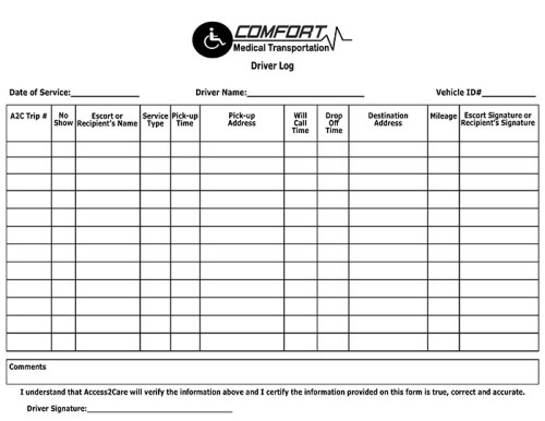 Driver Log invoice form for Comfort Medical Transportation.
