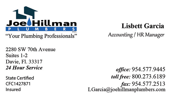 Joe Hillman Plumbers Lisbett Garcia Accounting HR Department business cards.