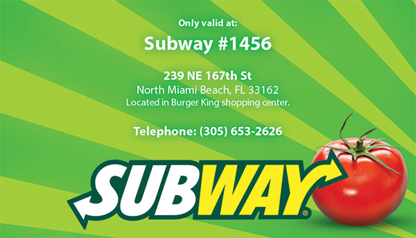 Subway Rewards card design & Printing for North Miami Beach store.