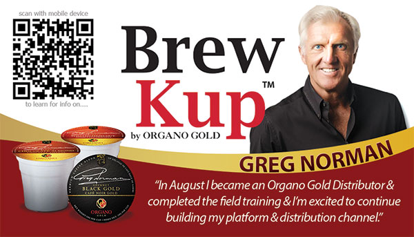 Rhonda Davis Organo Gold Business Cards with QR Code for Greg Norman.