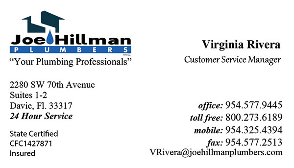 Joe Hillman Plumbers Virginia Rivera Customer Service Manager business Cards.