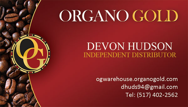 Organo Gold Business Cards for Devon Hudson.