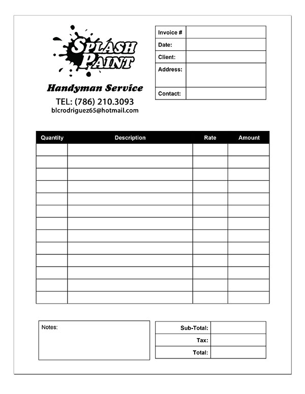 Splash Paint Handyman Service invoice design and printing in Florida.