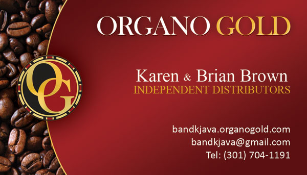 Organo Gold Business Cards for Karen and Brian Brown