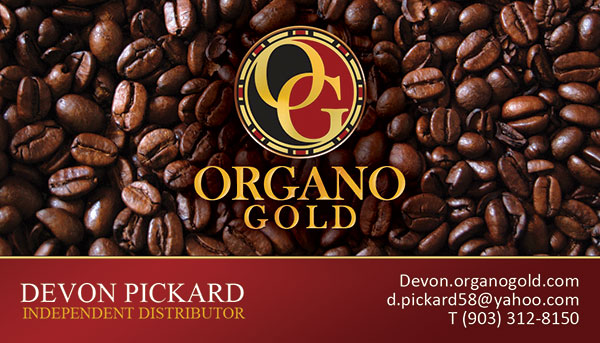 Organo Gold Business card for Independent Distributor Devon Pickard of Hawaii.