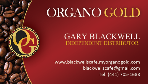 Organo Gold business cards for Gary Blackwell.