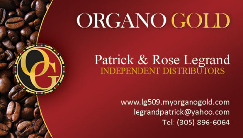 Organo Gold Business Cards for Independent Distributors Patrick & Rose Legrand.