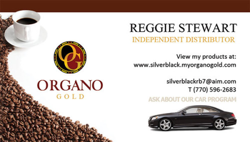 Organo Gold business card for Reggie Stewart promoting the Benz club.