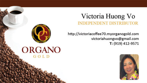 Organo Gold business cards for Victoria Huong Vo.
