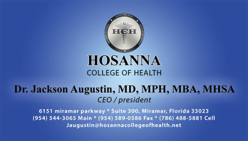 Business Card for Hosanna college of Health.