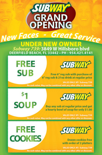 Graphic Design for Subway Restaurant Grand OPening Flyer we printed.