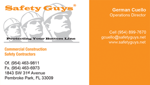 German Cuello business card for Safety Guys of Florida