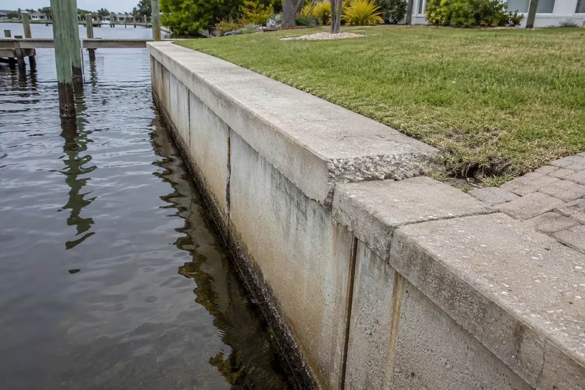 Close view of aging concrete seawall conditions