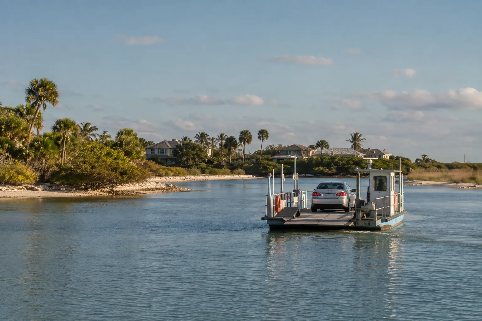 Small vehicle ferry carrying a car toward a Southwest Florida barrier island