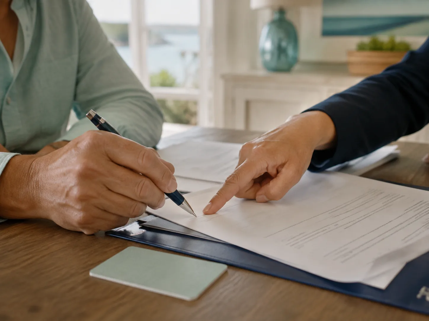 Close view of a prepared document signing with a notary stamp nearby