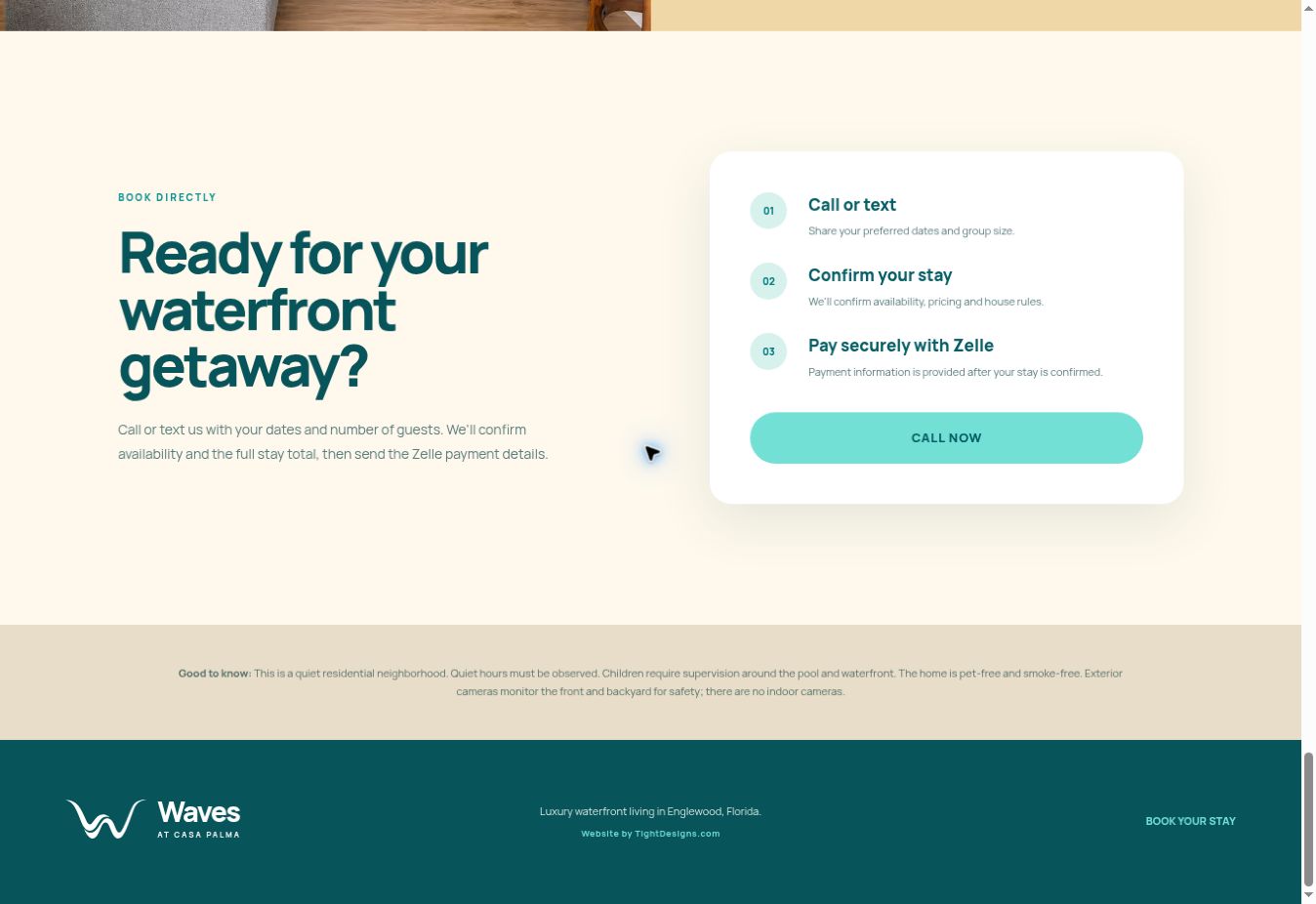Waves at Casa Palma direct booking section with three clear steps