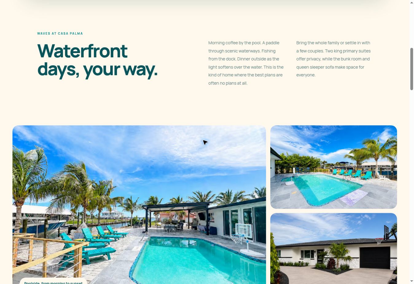 Waves at Casa Palma website section showing waterfront pool and dock photography
