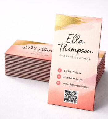 A soft colored pink and yellow hue business card with a skinnier profile than regular standard size.