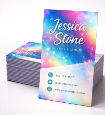 A rainbow colored metallic card that shines more than UV gloss.