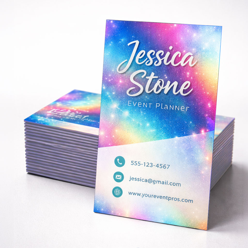 A rainbow colored metallic card that shines more than UV gloss.