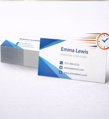 A stack of business cards with a speeding timer representing rush service for Same Day printing of business cards.