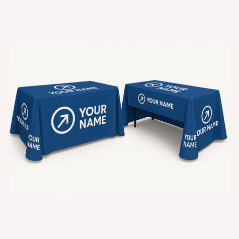 A convention event blue table throw with a generic logo and the words 'your name' written in white letters on all sides.