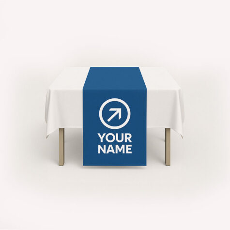 A convention event blue table runner with a generic logo and the words 'your name' written in white letters on all sides.