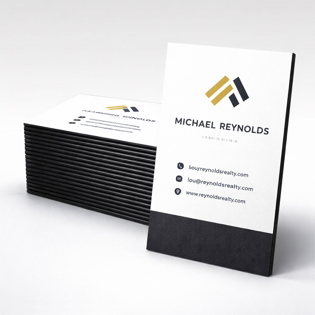 A stack of black edge painted business cards with one card positioned vertically.