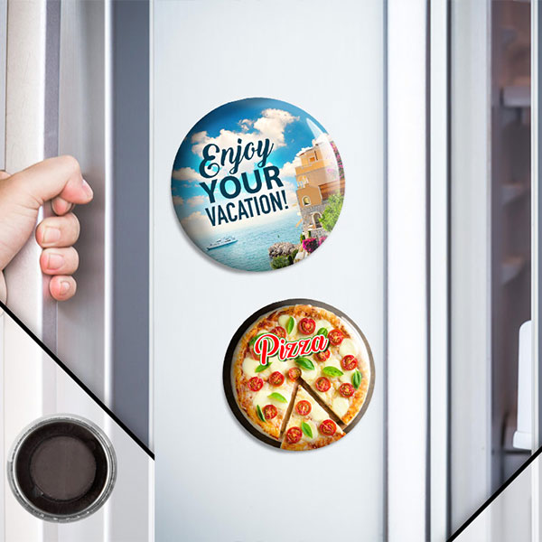 Custom Metal Buttons with Magnet Backing placed on Refrigerators and used for business promotion or souvenir.