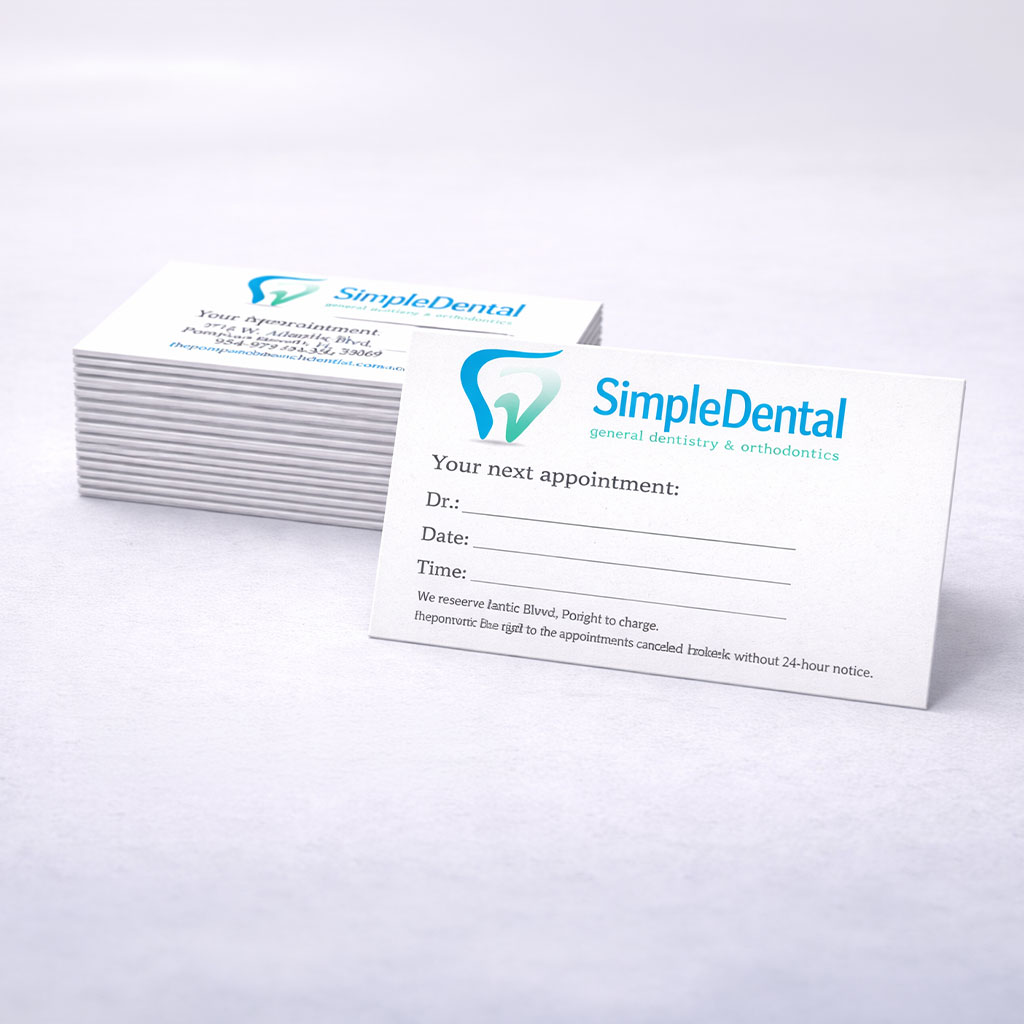 A stack of appointment cards for a dentist office named Simple Dental with a blue tooth logo.