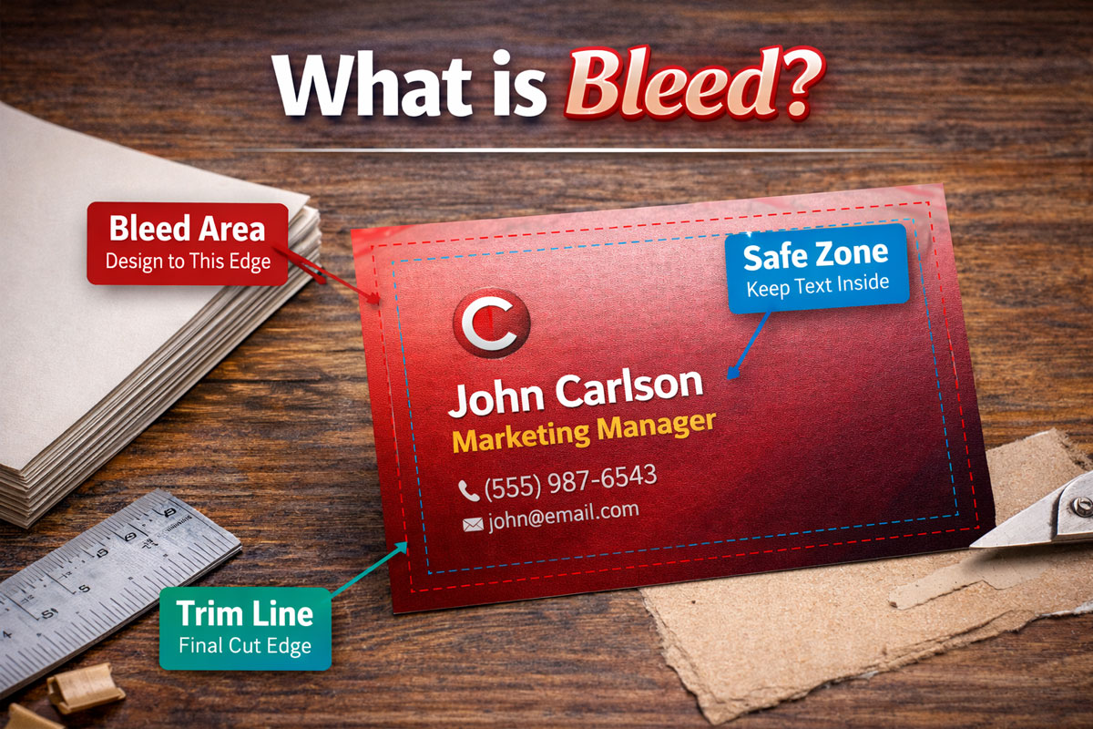 What is bleed in printing featured image showing a business card layout with bleed area, trim line, and safe zone marked for print-ready artwork.