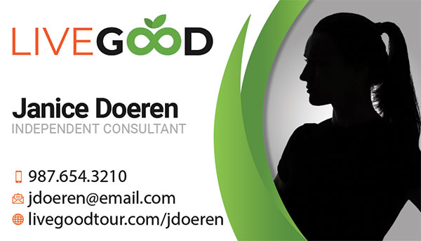 Business card showing profile photo of LiveGood consultant.