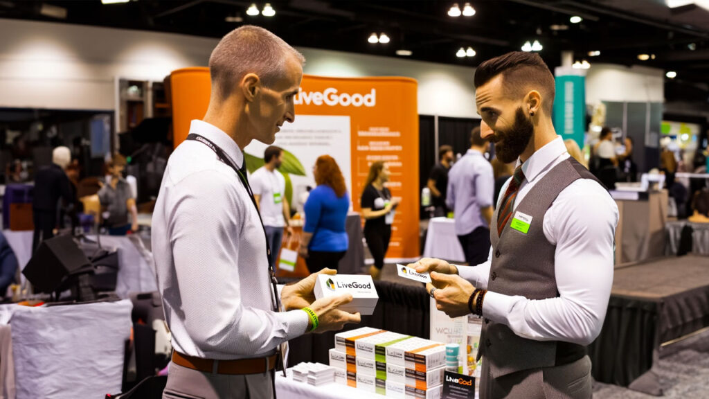 A scene at a wellness expo where two men, representing the LiveGood brand, are engaged in a discussion about health products. They are exchanging LiveGood business cards and products.