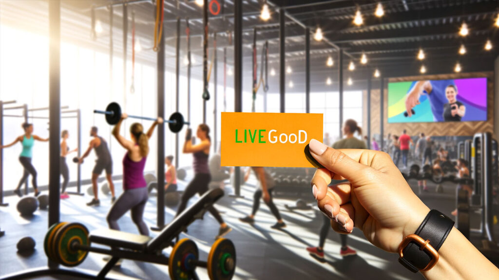 An image that showcases female hands holding a LiveGood business card, set against the backdrop of a lively gym.