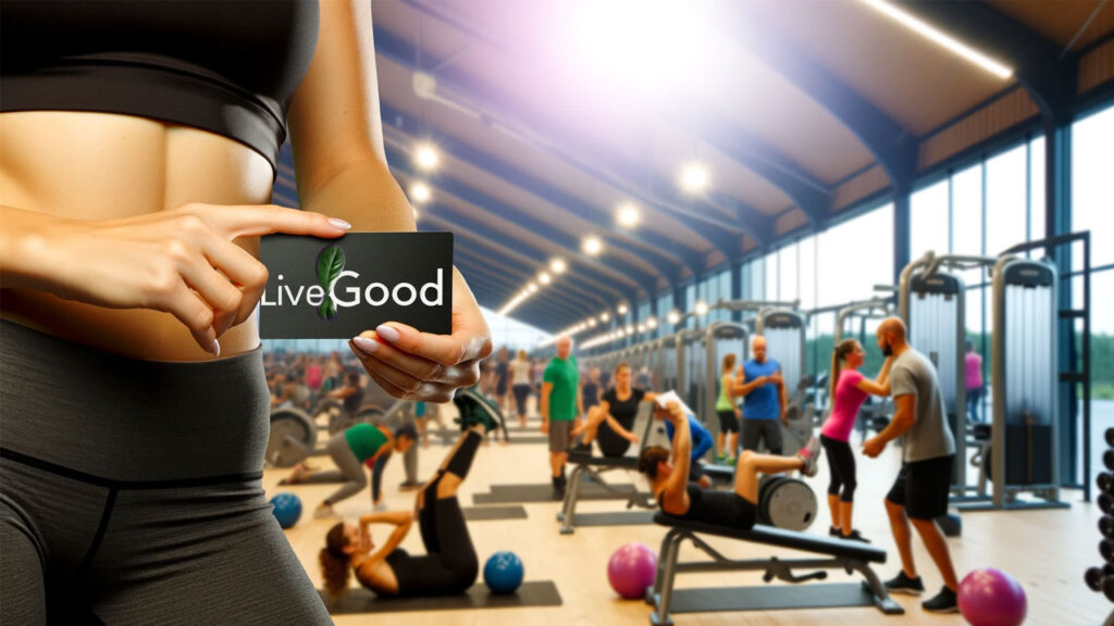 An image that showcases female hands holding a LiveGood business card, set against the backdrop of a lively gym full of people exercising.