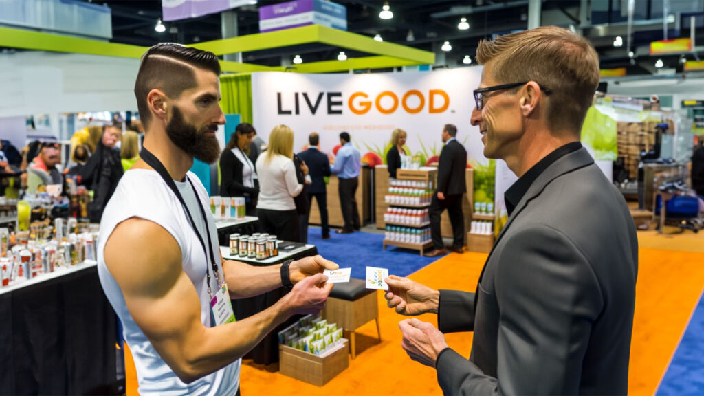 A scene at a wellness expo where two men, representing the LiveGood brand, are engaged in a discussion about health products. They are exchanging LiveGood business cards and products.