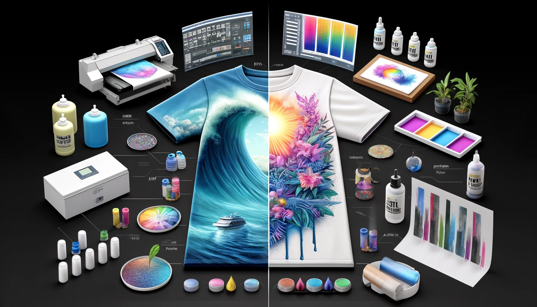 A split-screen image showing two polyester t-shirts, one printed using DTG (Direct-to-Garment) and the other using DTF (Direct-to-Film). The DTG side