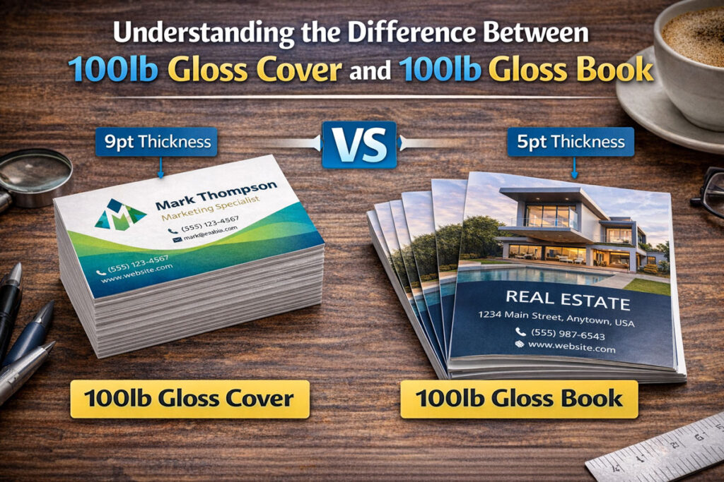 Understanding the difference between 100lb gloss cover and 100lb gloss book featured image comparing thicker cover stock cards with thinner glossy book stock sheets.