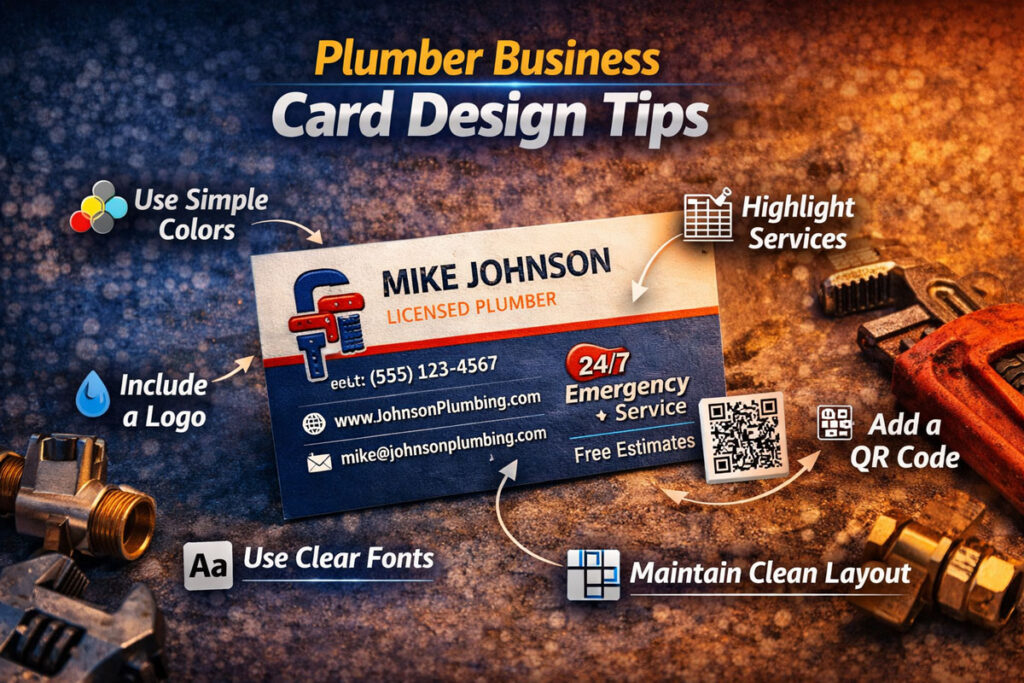 Plumber business card design image showing a sample plumbing card with tips for simple colors, clear fonts, logo use, highlighted services, QR code placement, and a clean layout, surrounded by plumbing tools.