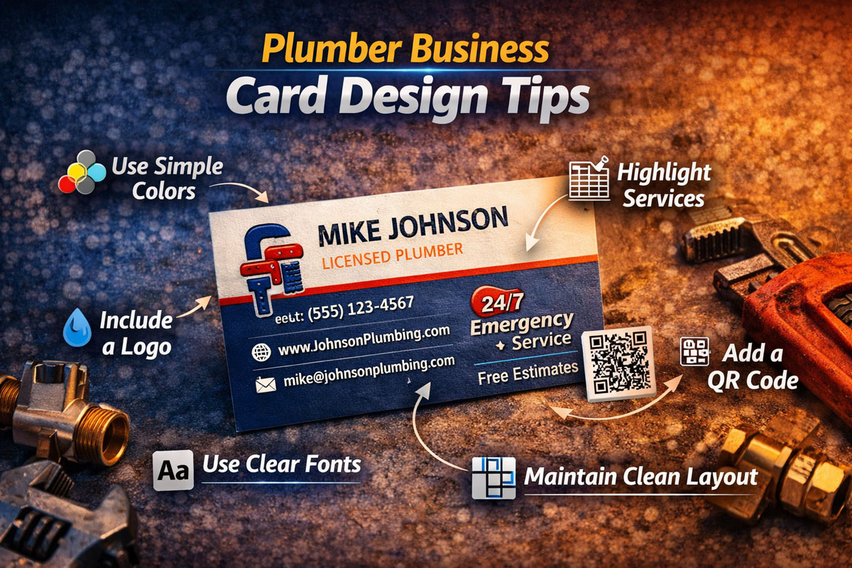 Plumber business card design image showing a sample plumbing card with tips for simple colors, clear fonts, logo use, highlighted services, QR code placement, and a clean layout, surrounded by plumbing tools.