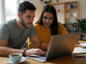 A young couple researching business strategies at their Pembroke Pines homes.